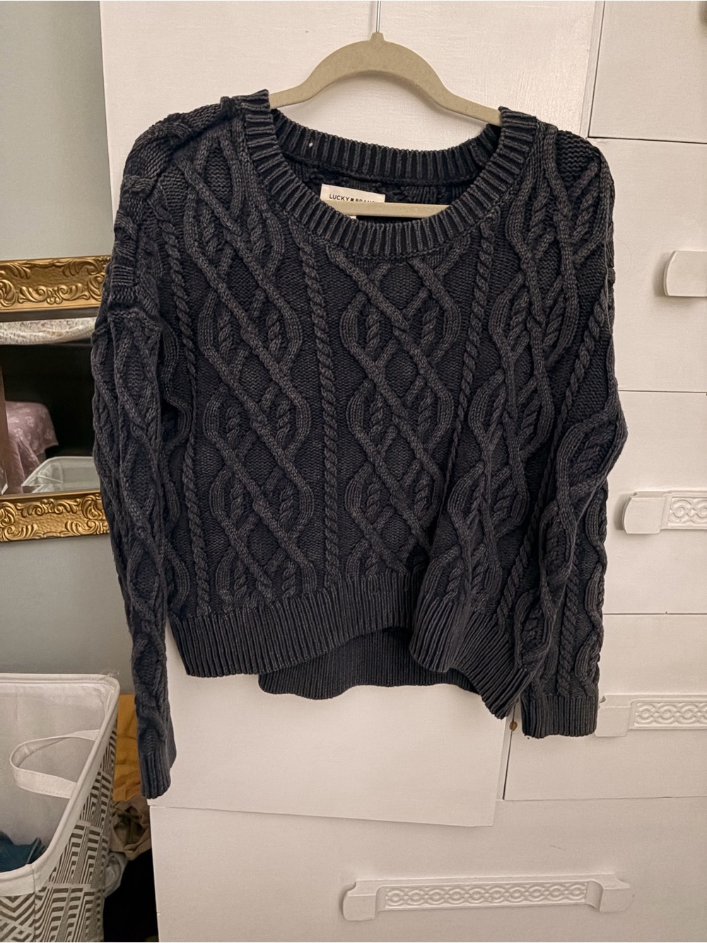Lucky Brand Charcoal Black Cable Knit Crewneck Sweater